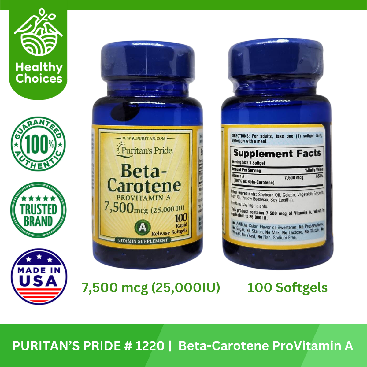 PURITAN'S PRIDE #1220#5 | EXPIRY: 12/2025 | BUY 5 PCS - Beta Carotene 7,500mcg (25,000 IU), 100 Rapid Release Softgels