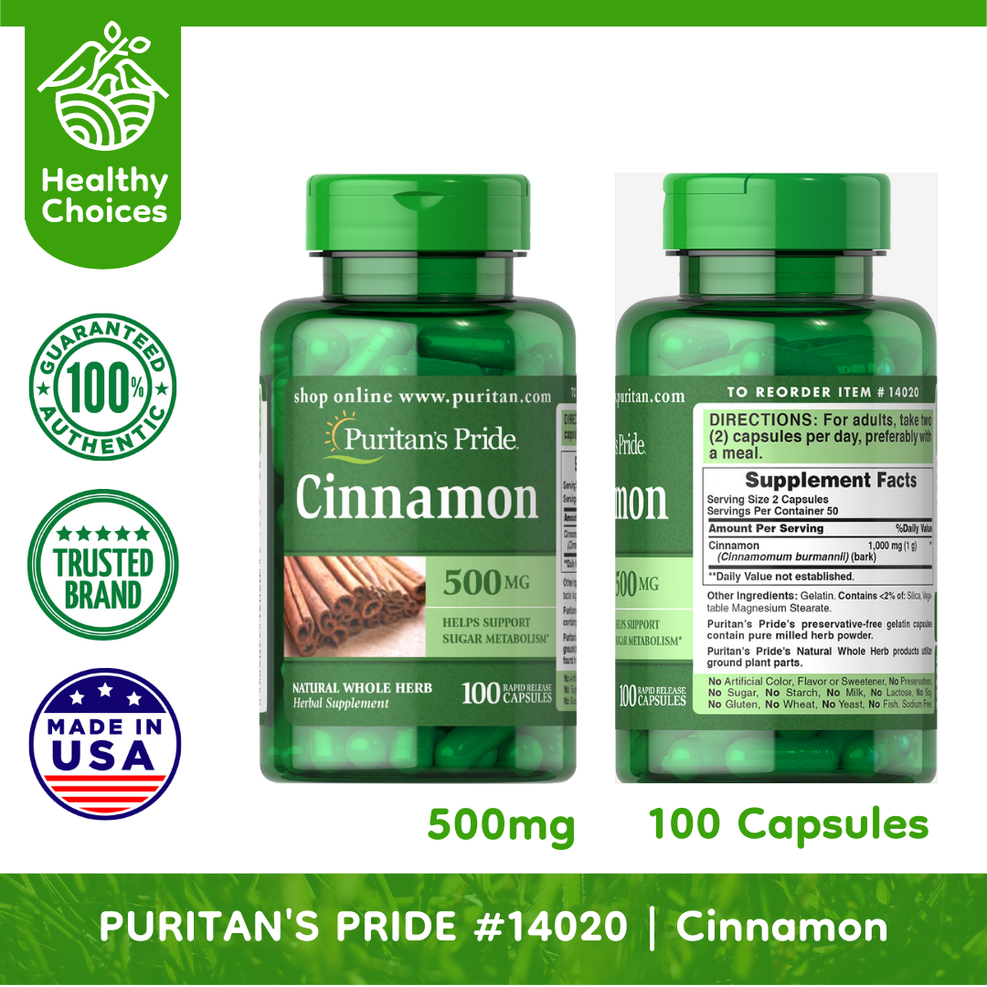 PURITAN'S PRIDE #14020 | EXPIRY: 6/2025 | Cinnamon 500mg, 100 Rapid Release Capsules