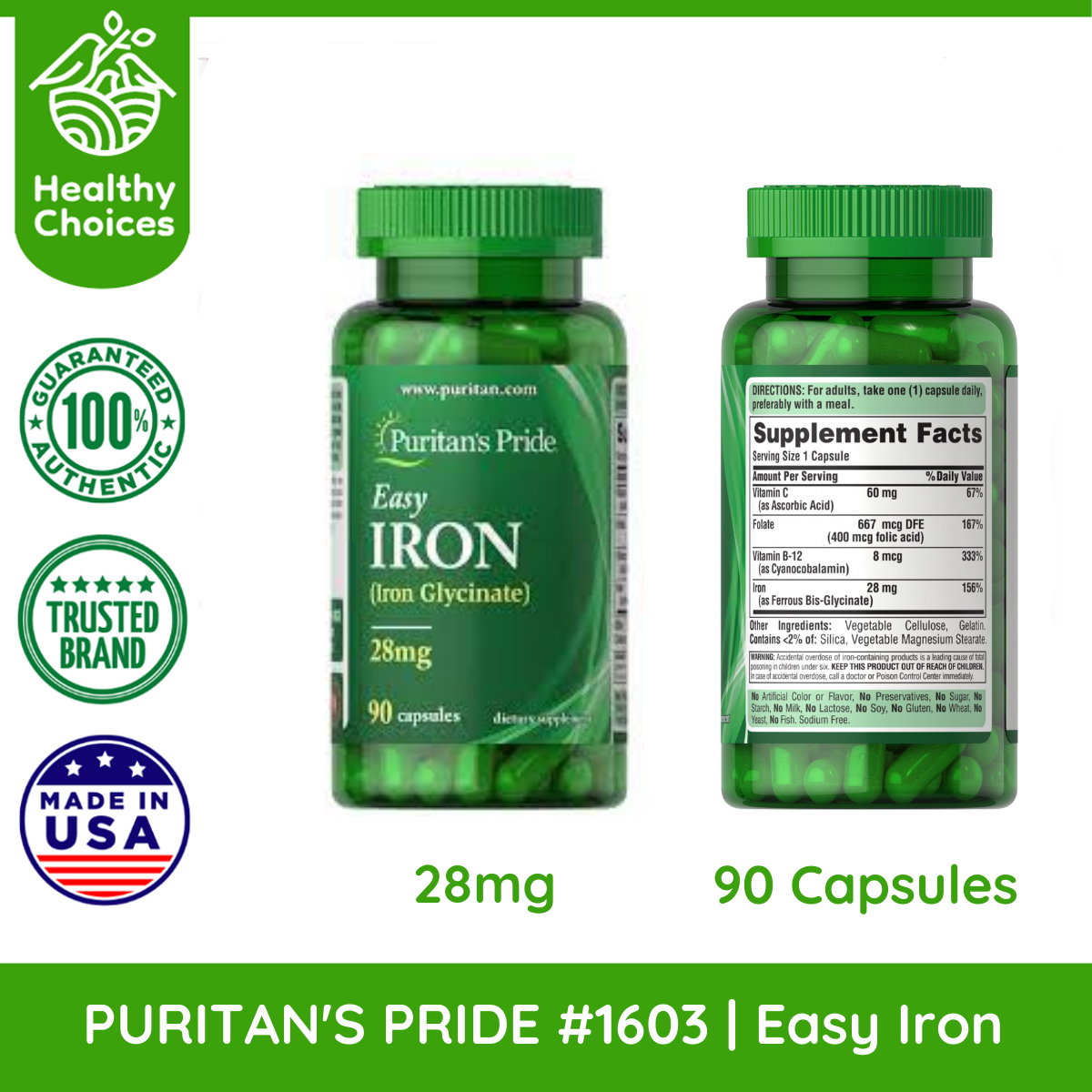 PURITAN'S PRIDE #1603#5 | EXPIRY: 7/2026 | BUY 5 PCS - Easy Iron (Iron Glycinate) 28mg, 90 Capsules