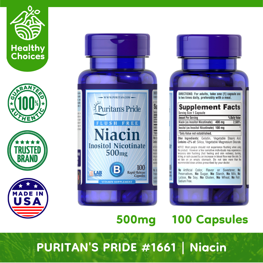 PURITAN'S PRIDE #1661#5 | EXP:2/2026 | BUY 5 PCS - Flush Free Niacin Inositol Nicotinate 500mg, 100 Capsules