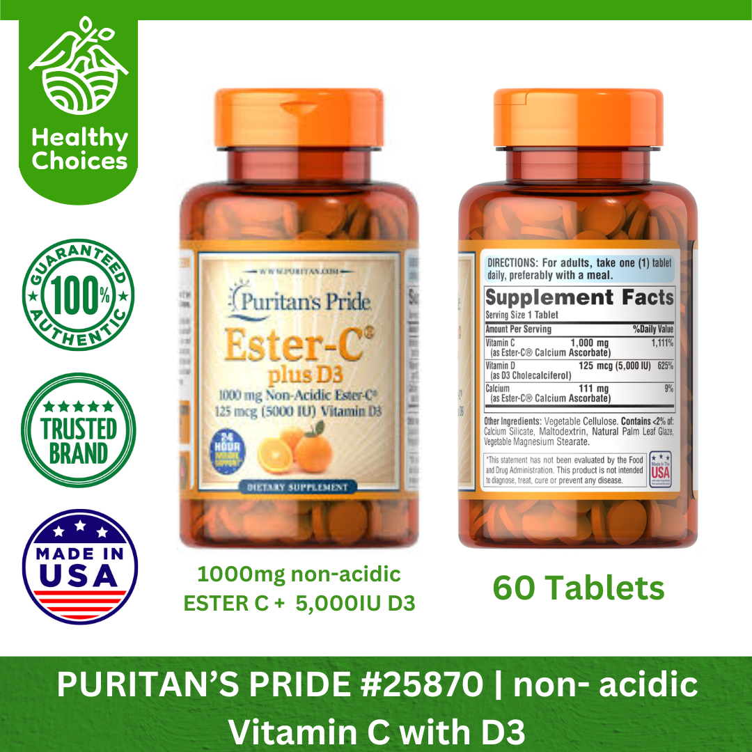 PURITAN'S PRIDE #25870#5 | EXPIRY: 8/2025 | BUY 5 PCS - Non Acidic Ester C 1000mg with D3 5000IU, 60 Tablets