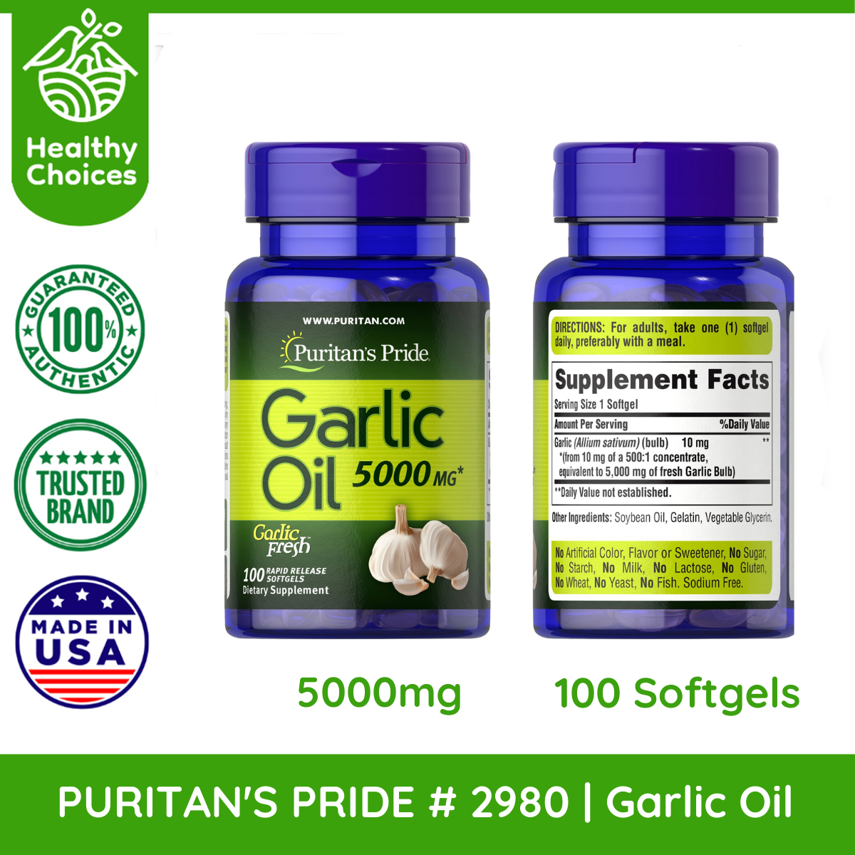 PURITAN'S PRIDE #2980 | EXP: 8/2025 | Garlic Oil 5000 mg, 100 Rapid Release Softgels