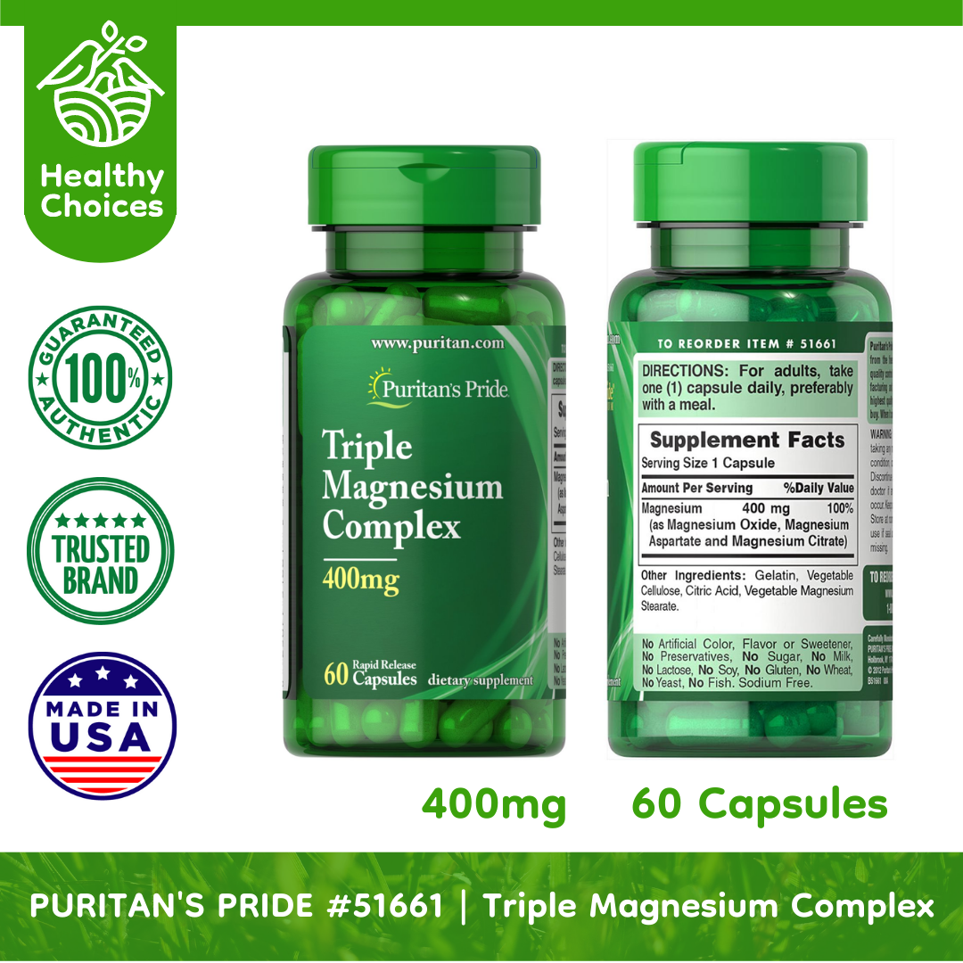 PURITAN'S PRIDE #51661#5 | EXP: 5/2025 | BUY 5 PCS - Triple Magnesium Complex 400 mg, 60 Rapid Release Capsules