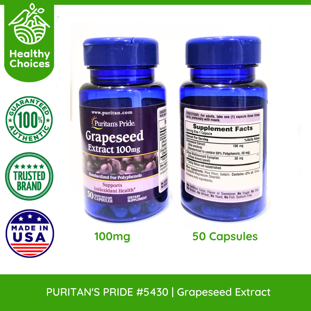 PURITAN'S PRIDE #5430#5 | EXP: 6/2025| BUY 5 PCS - Grapeseed Extract 100mg, 50 Rapid Release Capsules