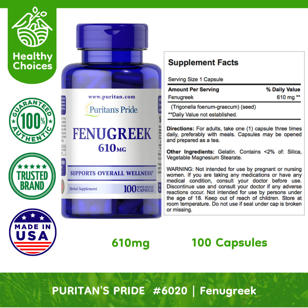PURITAN'S PRIDE #6020 |EXP: 10/2024| Fenugreek 610mg, 100 Rapid Release Capsules