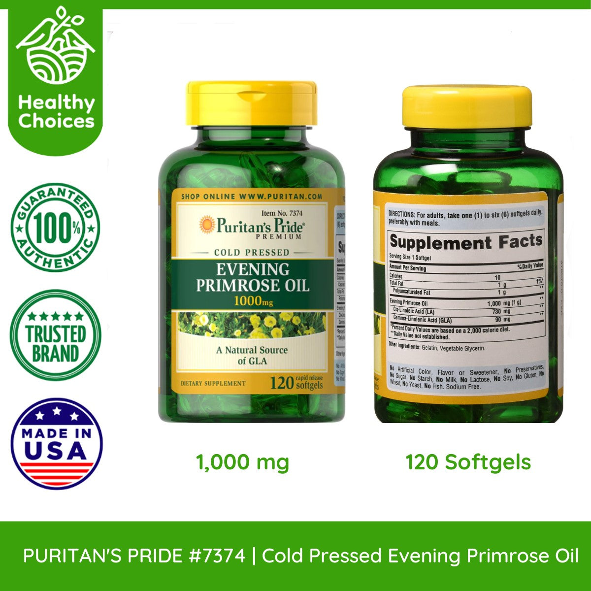 PURITAN'S PRIDE #7374#5 | EXP: 10/2026 | BUY 5 PCS - Cold Pressed Evening Primrose Oil 1000mg, 120 softgels