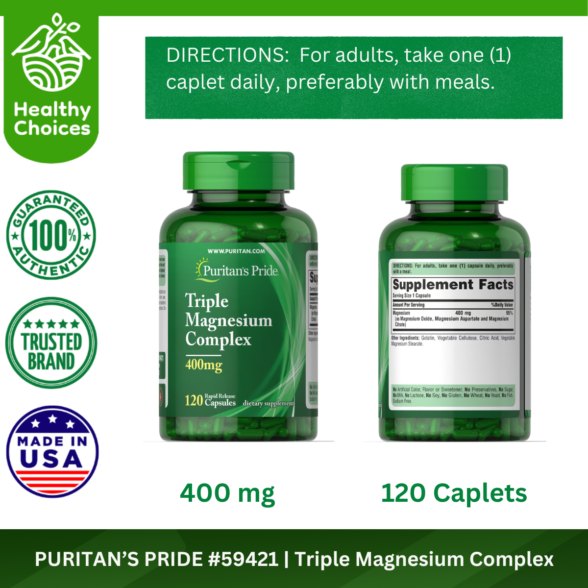 PURITAN'S PRIDE #59421 EXP: 3/2026 | Triple Magnesium Complex 400mg, 120 Capsules
