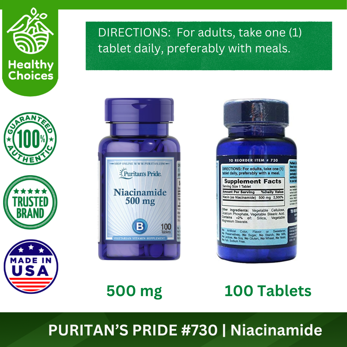 PURITAN'S PRIDE #730#5 | EXPIRY: 2/2026 | BUY 5 PCS - Niacinamide 500mg, 100 Tablets (Copy)