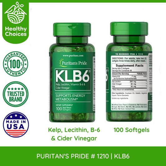 PURITAN'S PRIDE #1210 | EXPIRY: 4/2025 | KLB6 Kelp, Lecithin, Vitamin B-6 & Cider Vinegar, supports energy metabolism, 100 Softgels