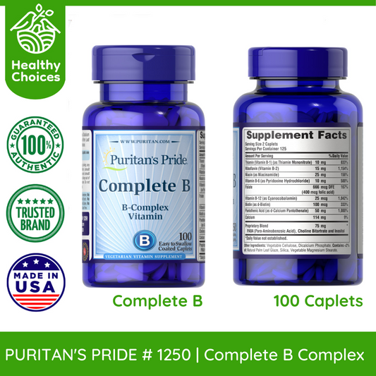 PURITAN'S PRIDE #1250 | EXPIRY: 8/2025 | Complete B-Complex Vitamin, 100 Coated Caplets