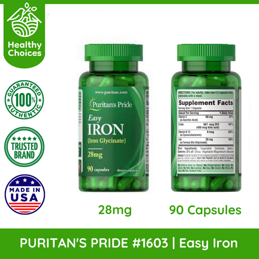 PURITAN'S PRIDE #1603#5 | EXPIRY: 7/2026 | BUY 5 PCS - Easy Iron (Iron Glycinate) 28mg, 90 Capsules