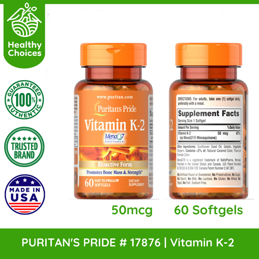 PURITAN'S PRIDE #17876 | EXPIRY: 8/2024 | Vitamin K-2, Promotes Bone Mass & strength, 60 Softgels