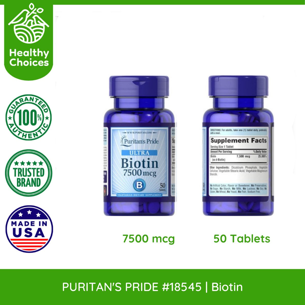 PURITAN'S PRIDE #18545#5 | EXP: 9/2025 | BUY 5 PCS - Ultra Biotin 7500mcg , 50 Tablets NEAR EXPIRY (Copy)