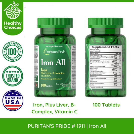 PURITAN'S PRIDE #1911 | EXPIRY:11/2025 | Iron All Iron Plus Liver, B-Complex, Vitamin C, 100 Tablets