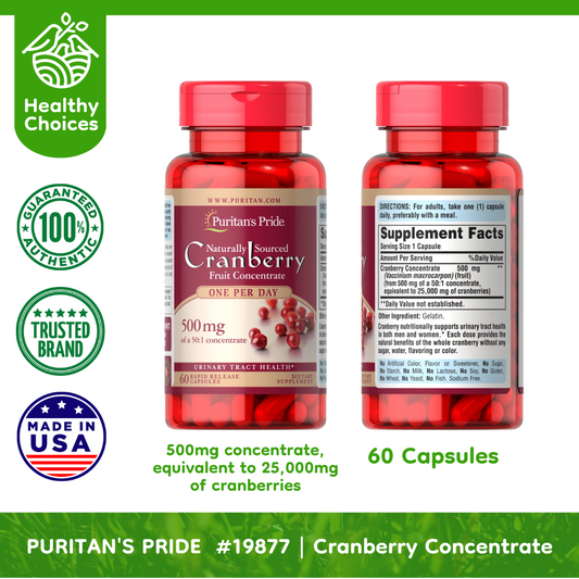 PURITAN'S PRIDE #19877 | EXPIRY: 9/2026 | Natural Cranberry One per Day 500mg concentrate equivalent to 25,000mg of cranberries, 60 Rapid Release Capsules