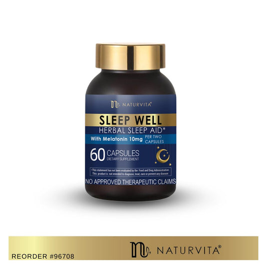 NATURVITA #96708 | EXPIRY: 10/2024 | Sleep Well Herbal Sleep Aid with Melatonin 10mg (Per Two Capsules), 60 Capsules