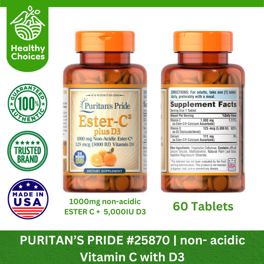 PURITAN'S PRIDE #25870#5 | EXPIRY: 8/2025 | BUY 5 PCS - Non Acidic Ester C 1000mg with D3 5000IU, 60 Tablets