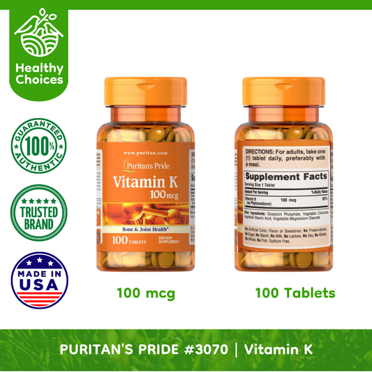 PURITAN'S PRIDE #3070 | EXP: 9/2025 | Vitamin K 100mcg Bone and Joint Health, 100 Tablets