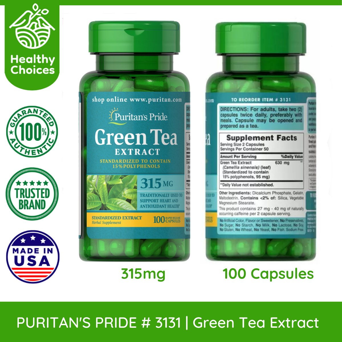 PURITAN'S PRIDE #3131#5 | EXPIRY: 1/2027 | BUY 5 PCS - Green Tea Standardized Extract 315 mg,100 Capsules