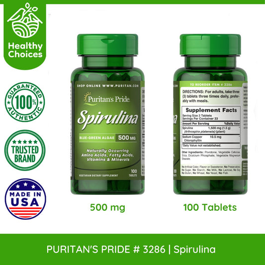 PURITAN'S PRIDE #3286 | EXPIRY: 10/2025 | Spirulina Blue-Green Algae 500mg, 100 Tablets