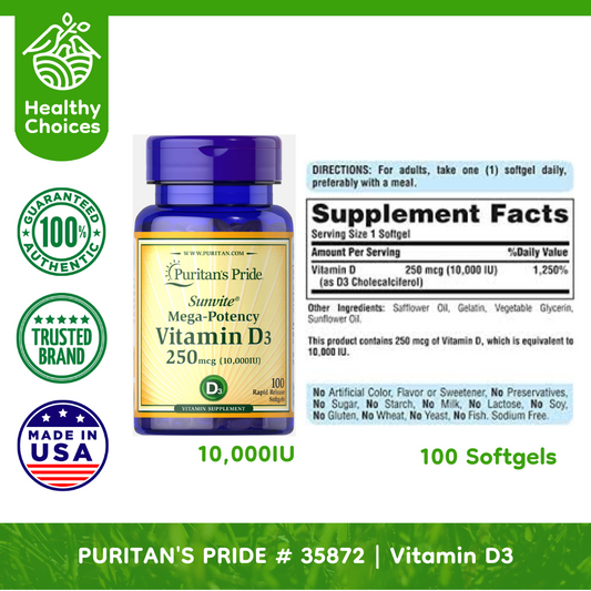 PURITAN'S PRIDE #35872 | EXPIRY: 10/2024 | Mega-Potency Vitamin D3 10,000 IU ,100 Rapid Release Softgels
