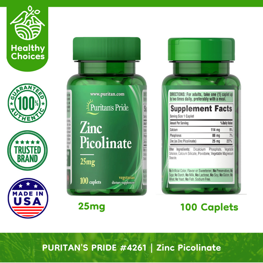 PURITAN'S PRIDE #4261| EXP:3/2026 | Zinc Picolinate 25 mg, 100 Caplets