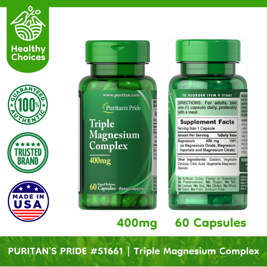PURITAN'S PRIDE #51661 EXP: 5/2025 | Triple Magnesium Complex 400 mg, 60 Rapid Release Capsules
