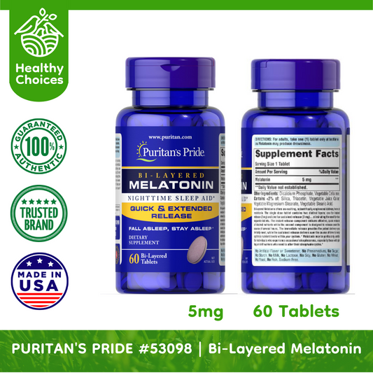 PURITAN'S PRIDE #53098 | EXPIRY: 5/2025 | Bi-Layered Melatonin 5 mg, 60 Bi-Layered Tablets