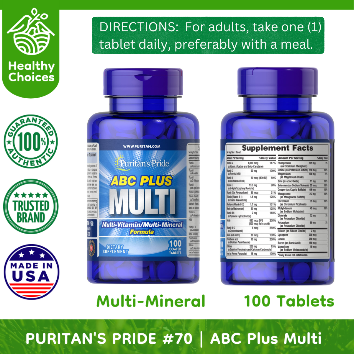 PURITAN'S PRIDE #70| Expiry: 10/2025| ABC Plus Multi-Vitamin Formula, 100 Capsules