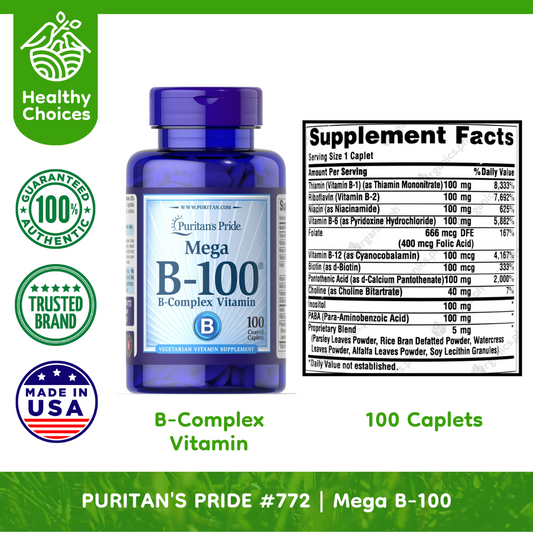 PURITAN'S PRIDE #772 | EXPIRY: 9/2025 | Mega B-100 B-Complex Vitamin, 100 Coated Caplets