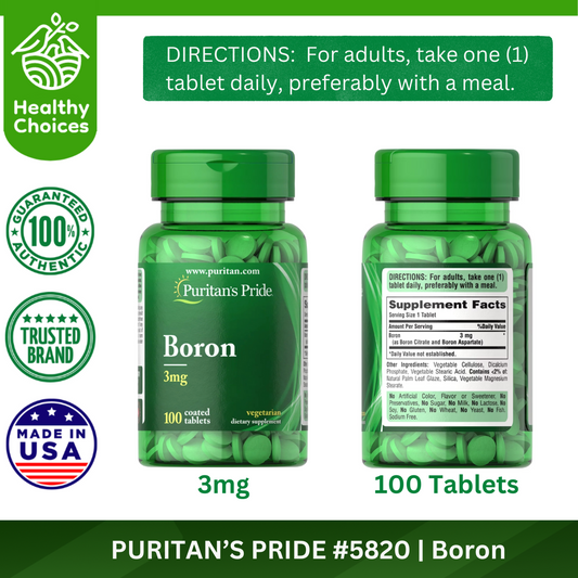 PURITAN'S PRIDE #5820 | EXP: 2/2026 | Boron 3 mg, 100 Coated Tablets